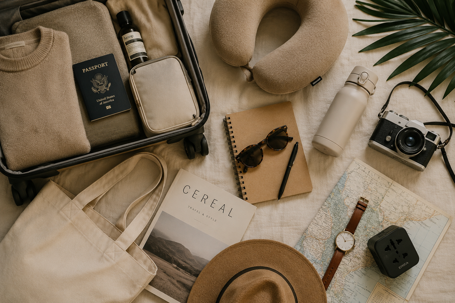 Travel essentials arranged for a journey